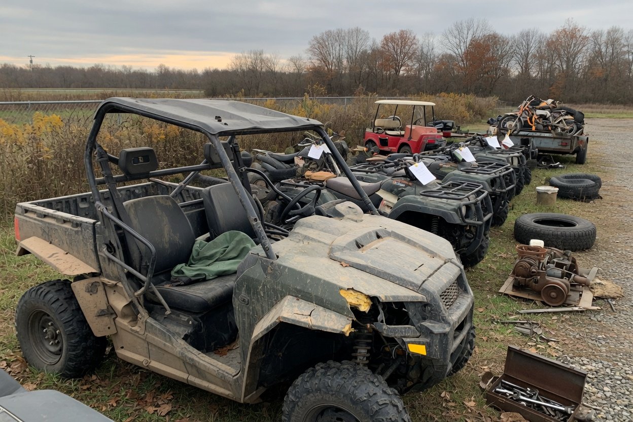 A muddy side-by-side UTV with a bent roll cage parked in an auction lot