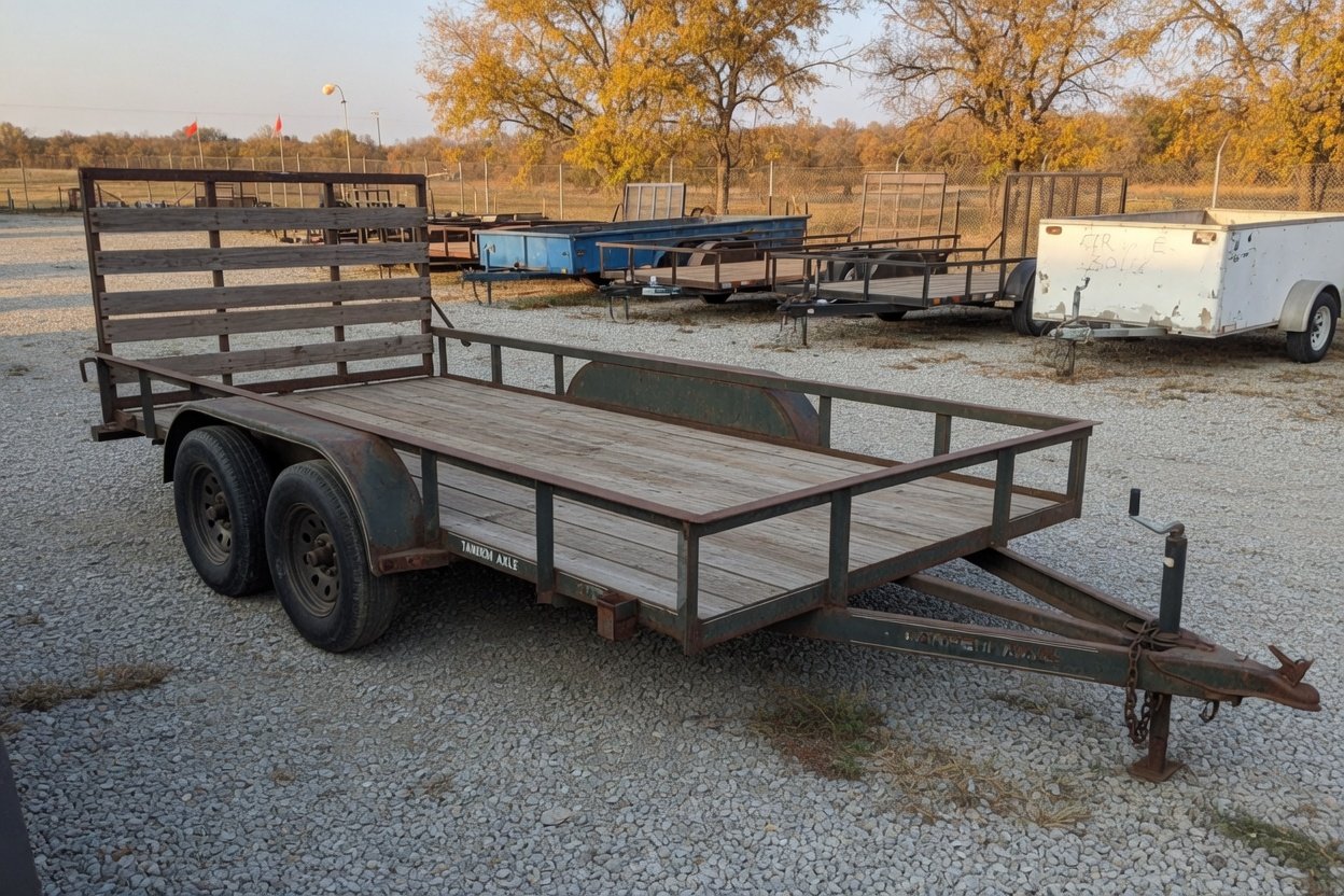 A used tandem-axle utility trailer in a gravel auction lot