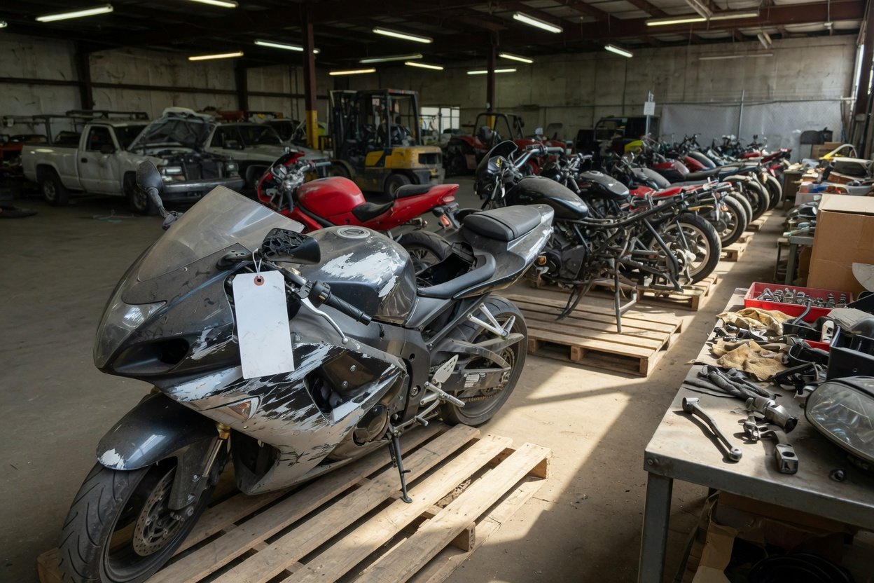 A damaged sport motorcycle on a pallet in an auction warehouse