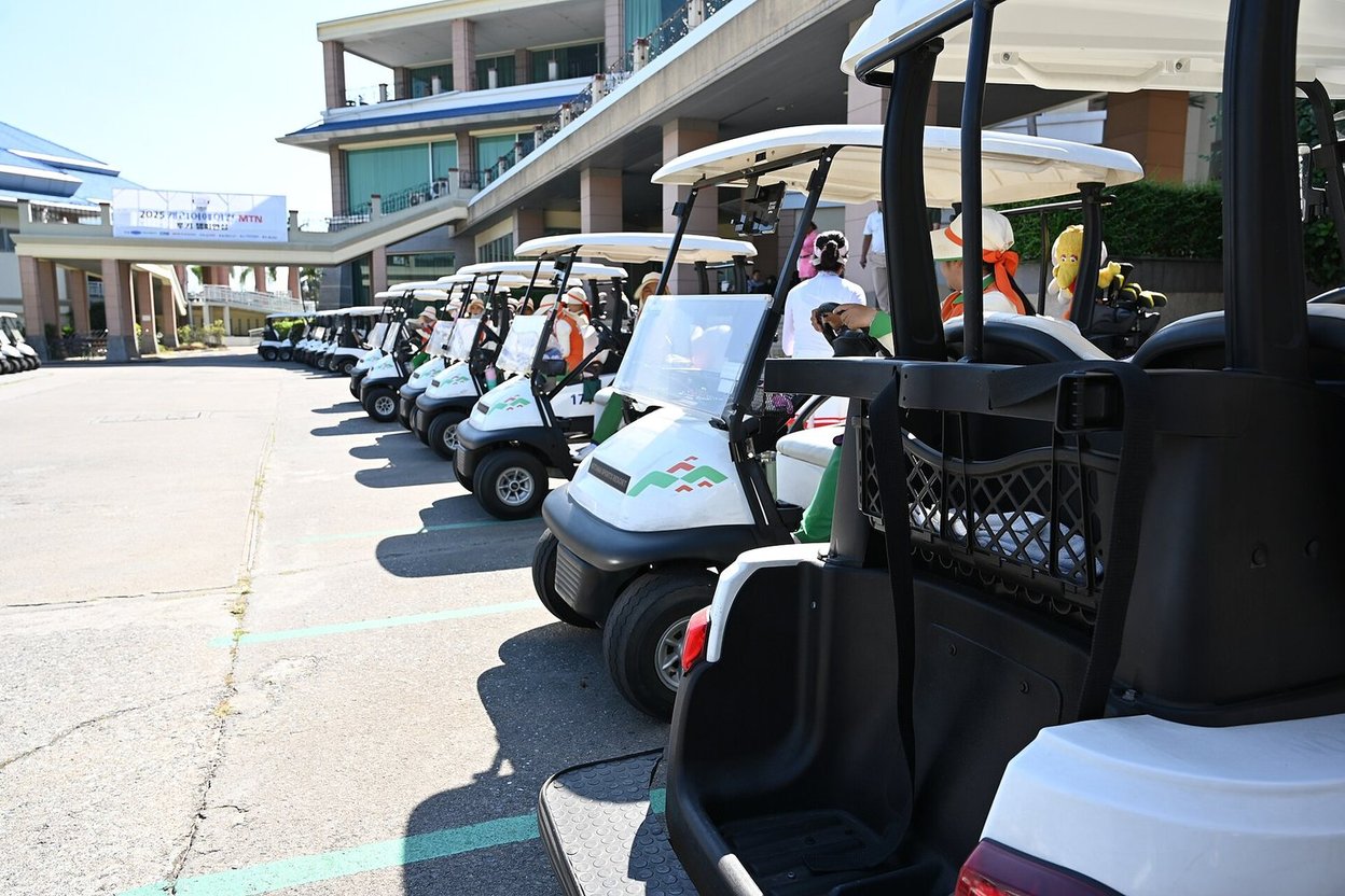 A row of golf carts parked at a golf course