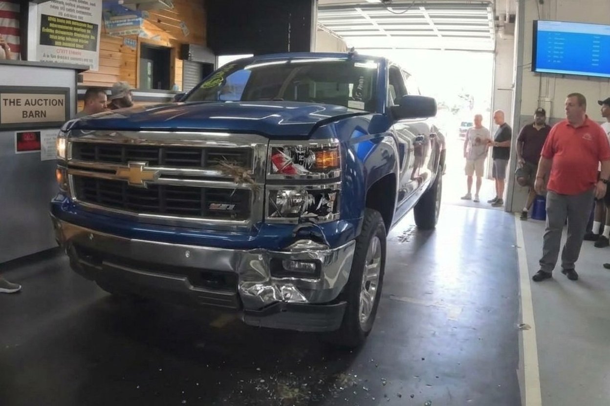 Blue truck with damaged front end inside auction barn.