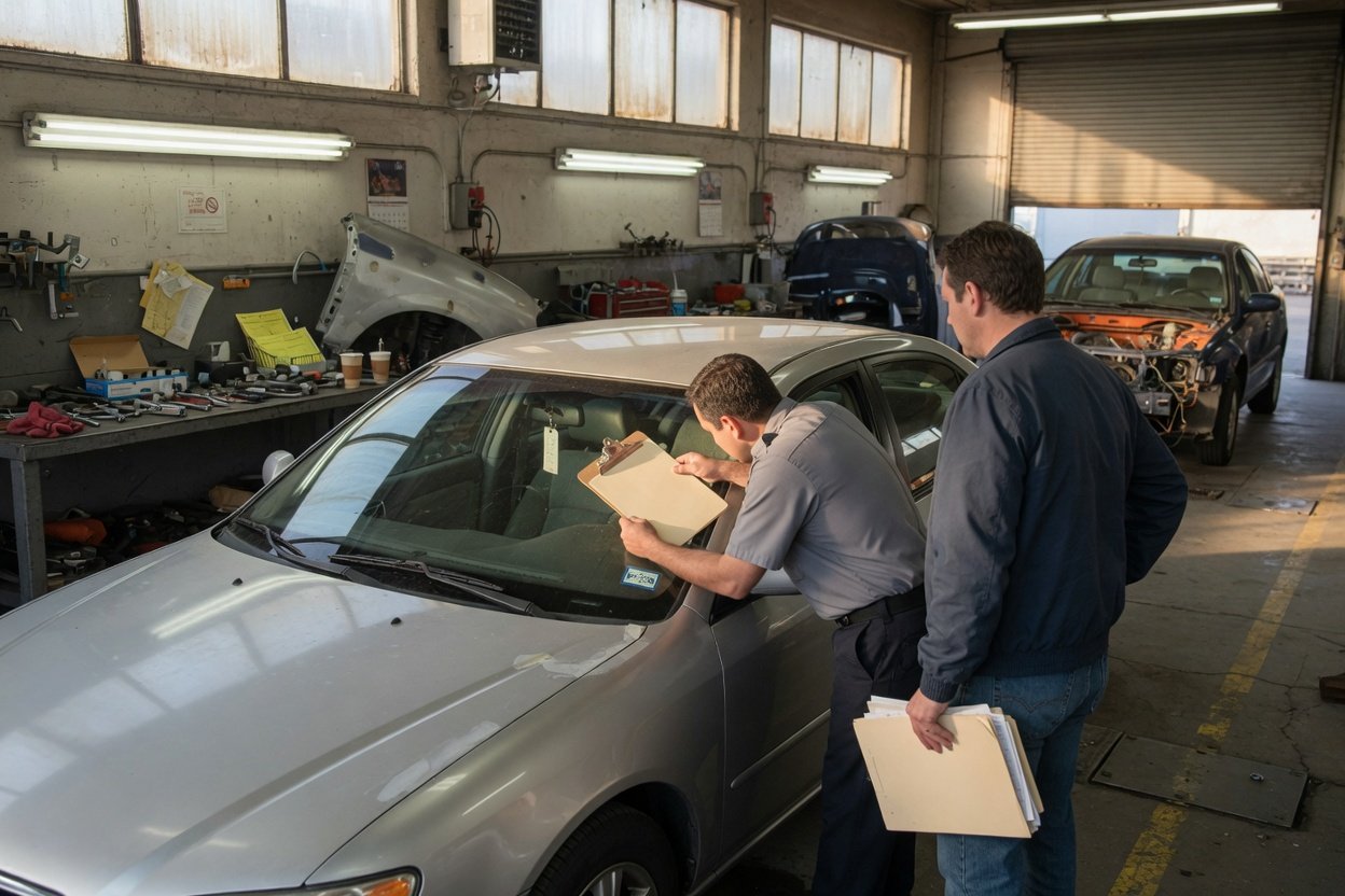 An inspector checking the VIN on a repaired car in an inspection bay