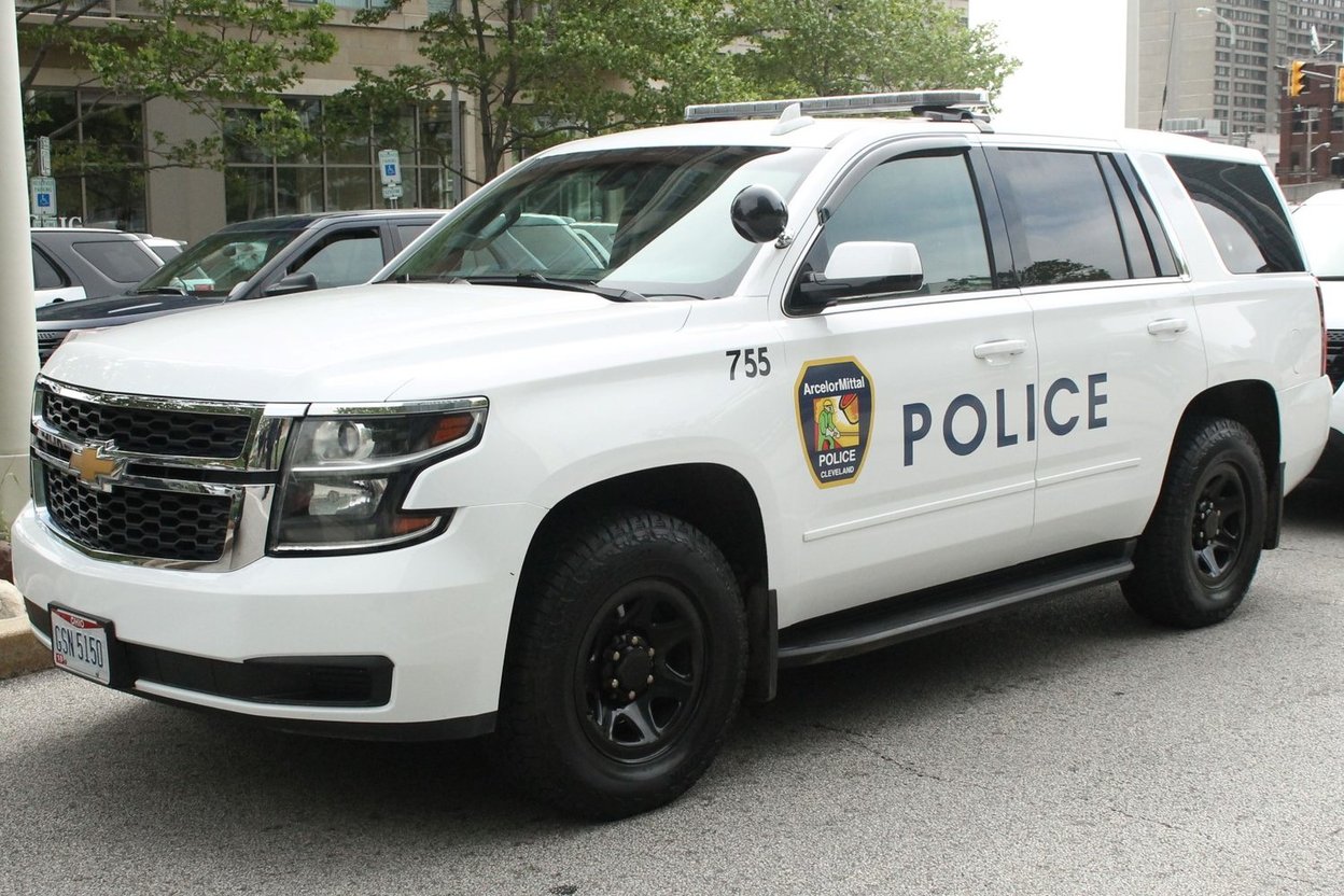 A white Chevrolet Tahoe police vehicle
