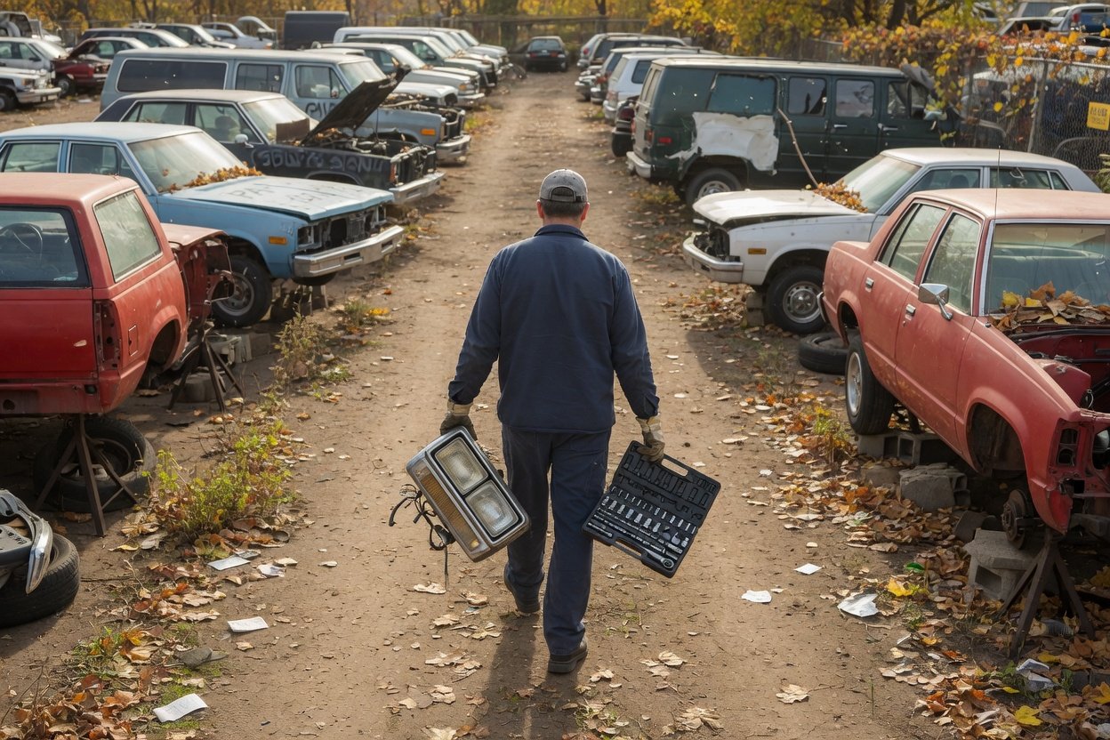 A buyer carrying a pulled headlight through a self-service salvage yard