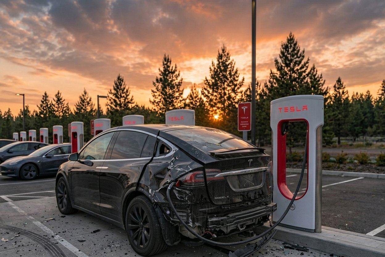 Damaged Tesla at charging station during sunset.