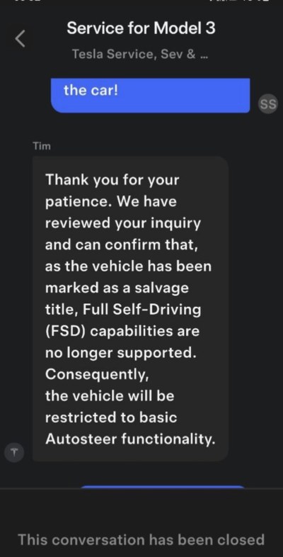 Tesla service chat saying a salvage-title car loses Full Self-Driving and keeps only basic Autosteer.